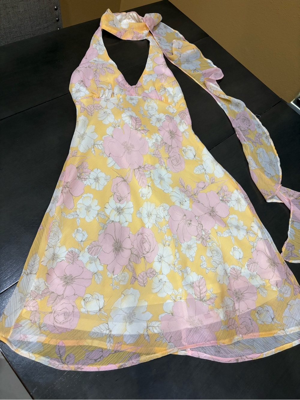 Yellow Floral Halter Mini Dress with Pink and White Blooms